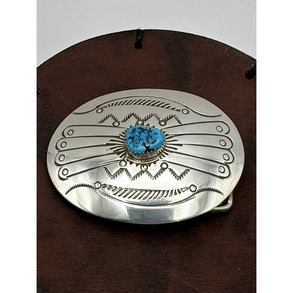 Navajo Handcrafted Sterling Silver & Genuine Turquoise Small 2-Inch Belt Buckle - Picture 2 of 7